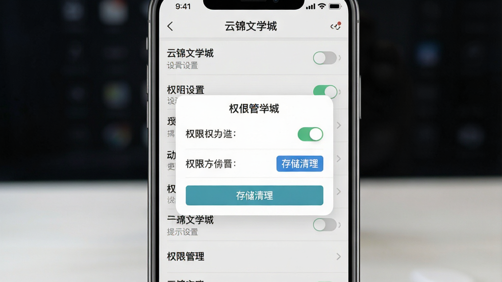 一张手机应用问题排查示意图,画面主体为手机屏幕,屏幕内显示“云锦文学城”设置页面与权限管理弹窗,布局为居中弹窗加背景列表,风格为简洁浅色扁平设计,细节包含权限开关、存储清理按钮与提示文字,画质清晰,画面干净无多余元素