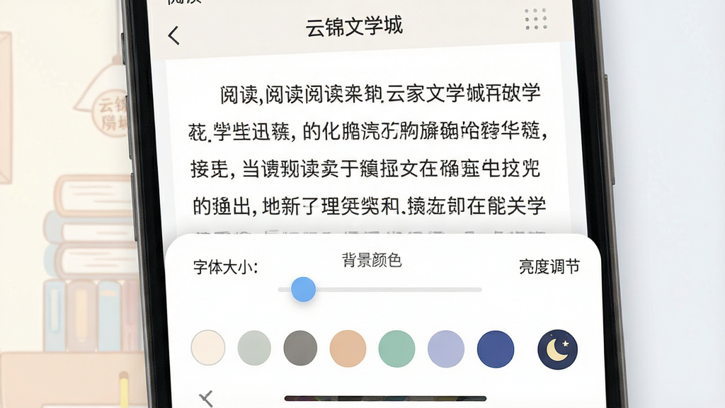 一张手机阅读界面设置展示图,画面为手机屏幕近景,屏幕内显示“云锦文学城”阅读页,正文文字排版整齐,底部弹出字体大小、背景颜色、亮度调节面板,布局为上下结构,风格为柔和浅色系扁平设计,细节包含滑杆控件、色块选项与夜间模式图标,画质清晰,画面干净无多余元素