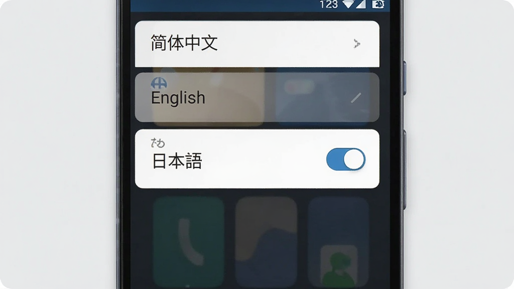 一张展示手机应用界面中语言切换功能的示意图,画面主体是一部安卓手机,屏幕显示语言选择列表,列表中有