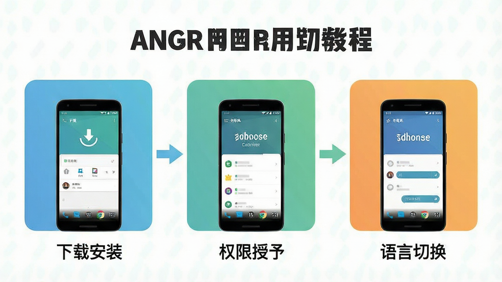 一张展示安卓手机使用教程步骤的示意图,画面分为三个步骤图标:下载安装、权限授予、语言切换,每个步骤配有简洁的手机界面缩略图,整体风格为信息图风格,配色清新,布局清晰,画质干净