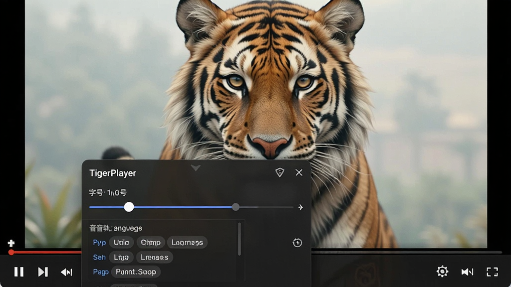主体为TigerPlayer播放界面下方弹出字幕设置面板与音轨选择列表,布局为视频画面在上、设置面板在下,排版上下结构,风格为深色播放器主题风,细节包括字幕字号滑块与音轨语言标签,画质清晰、干净、无多余元素