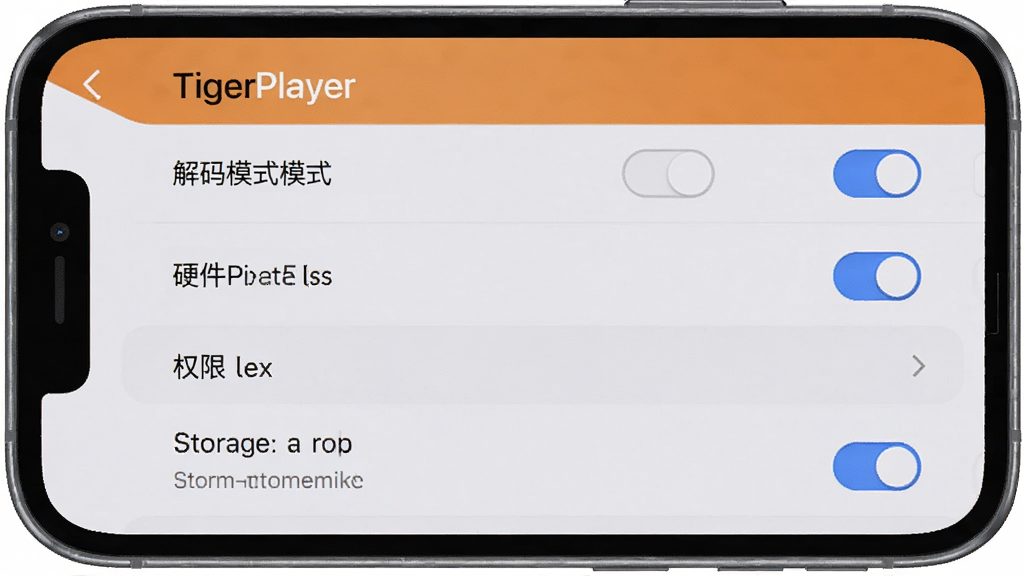 主体为手机屏幕显示TigerPlayer设置菜单中硬件解码开关与权限管理选项,布局为设置列表纵向排列、开关按钮位于右侧,排版清晰列表式,风格为极简浅灰质感风,细节包括解码模式切换项与存储权限条目,画质高清、干净、无多余元素