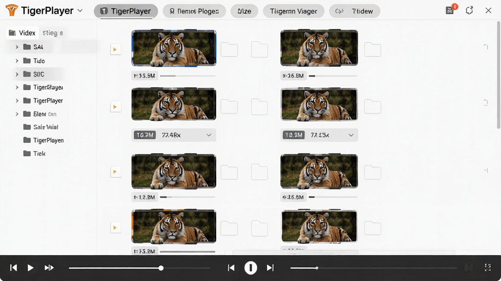主体为TigerPlayer媒体库界面展示视频文件列表与文件夹分类,布局为顶部标签栏、中部列表、底部播放按钮,排版纵向列表式,风格为简约商务风,细节包括文件时长标签与进度条缩略图,画质高清、干净、无多余元素