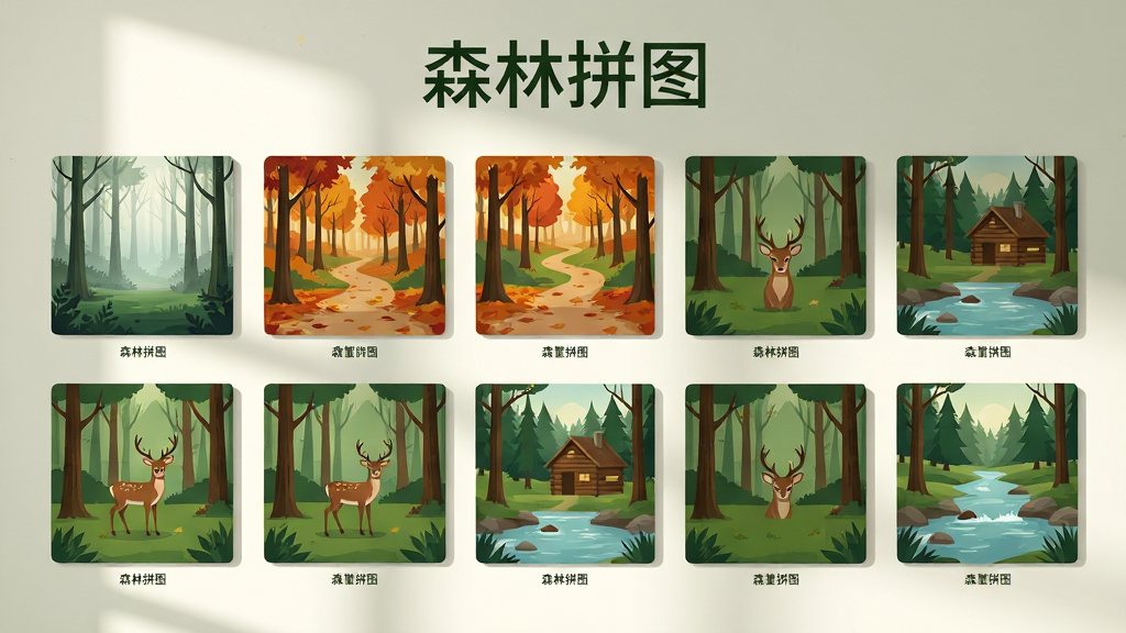 画面主体为一面虚拟的图片展示墙,墙上整齐排列着多张以森林为主题的拼图封面图,包括晨雾树林、秋日落叶小径、林间小鹿、木屋溪流等,布局为网格状排列,排版疏密有致,风格为清新自然的扁平化插画,细节包括每张封面图下方带有小字标签、墙面带有柔和光影、整体色调以绿色和暖棕色为主,画质清晰干净,画面中带有
