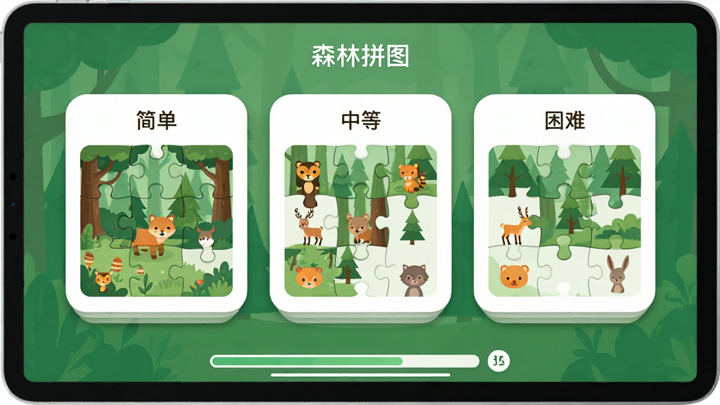 画面主体为一块平板电脑屏幕,屏幕上同时展示三个不同难度的拼图选择卡片,分别标注简单、中等、困难,卡片上以森林动物和树木图案示意拼图块数量差异,布局为三张卡片横向并排,排版居中对称,风格为简约现代的UI界面插画,细节包括卡片圆角、柔和投影、屏幕下方有进度条装饰,画质清晰干净,画面中带有