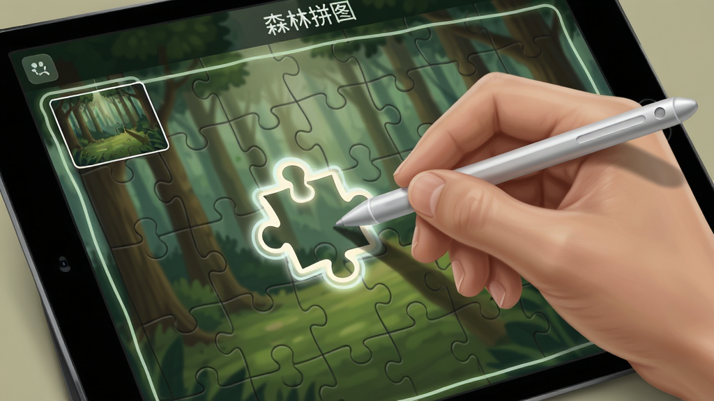 画面主体为一只手持触控笔在平板屏幕上操作拼图的特写,屏幕上显示森林拼图界面,一块拼图块正被拖向正确位置并出现高亮吸附提示,布局为手部与屏幕占据画面主要区域,排版以操作动作为视觉中心,风格为写实细腻的数字插画,细节包括屏幕上的底图预览小窗口、边缘高亮线条、手指与屏幕的接触阴影,画质清晰干净,画面中带有