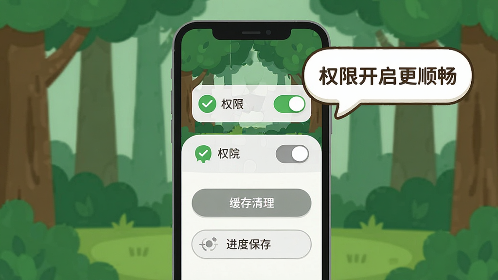 画面主体为一部手机屏幕显示森林拼图的设置界面,界面上有权限开关、缓存清理按钮和进度保存选项,旁边配有一个卡通风格的提示气泡写着“权限开启更顺畅”,布局为手机居中、气泡位于右上方,排版简洁明了,风格为扁平化UI插画,细节包括绿色勾选图标、灰色未开启状态图标、界面元素圆角处理,画质清晰干净,无多余元素