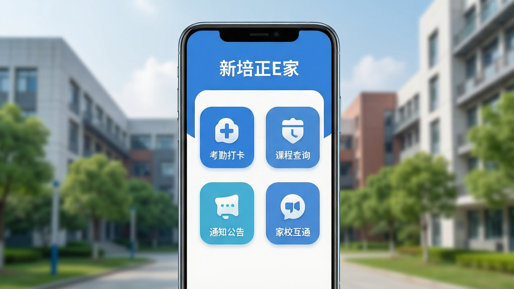 画面中央摆放一部安卓智能手机,手机屏幕显示蓝白色调的校园服务应用主界面,界面顶部有