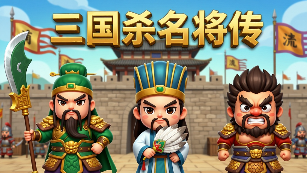 画面主体为一群Q版三国武将列阵于城楼之前,左侧关羽手持青龙偃月刀,中间诸葛亮羽扇轻摇,右侧张飞怒目圆睁,背景为古代城池与战旗,布局采用横向宽幅构图,上方居中排版“三国杀名将传”五个金色立体大字,风格为Q版卡通渲染结合国风元素,细节包括武将盔甲纹理、战旗飘动、城墙砖石质感,画质清晰干净,色彩明快饱和,无多余杂乱元素