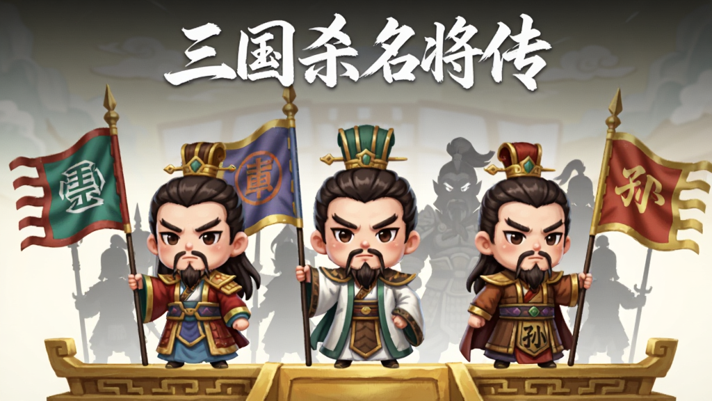 画面主体为Q版刘备、曹操、孙权三位主公并排站立于金色将台之上,各自手持代表势力的旗帜,身后浮现对应的武将剪影,布局为纵向居中构图,上方排版“三国杀名将传”白色艺术字,风格为Q版国风卡牌立绘,细节包括将台纹饰、旗帜褶皱、武将表情神态,画质高清干净,背景简洁无杂乱元素