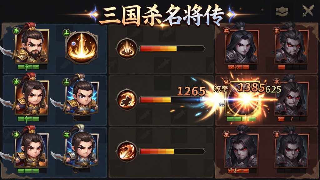 画面主体为九宫格战斗布阵界面,左侧为我方Q版武将五人小队,右侧为敌方阵容,中间显示怒气条与合击技特效光效,布局为横向对称构图,上方排版“三国杀名将传”发光字体,风格为游戏UI界面插画风,细节包括武将头像框、技能图标、伤害数字飘字,画质清晰干净,无多余装饰元素