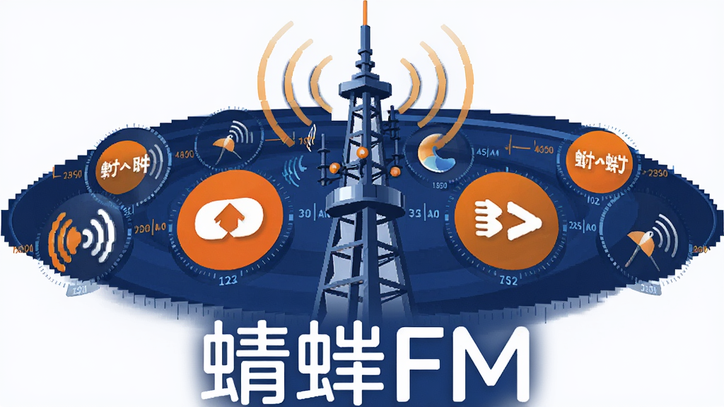 主体为一座现代广播电台发射塔,塔身周围环绕多个圆形电台频道图标;布局为发射塔居中,频道图标呈环形分布;排版上下结构,上方为发射塔,下方为蜻蜓FM文字标识;风格为科技感矢量插画,色调以深蓝与亮橙对比;细节包含电波信号线条、频率数字刻度、蜻蜓FM软件名称字样;画质清晰,画面干净,无多余元素
