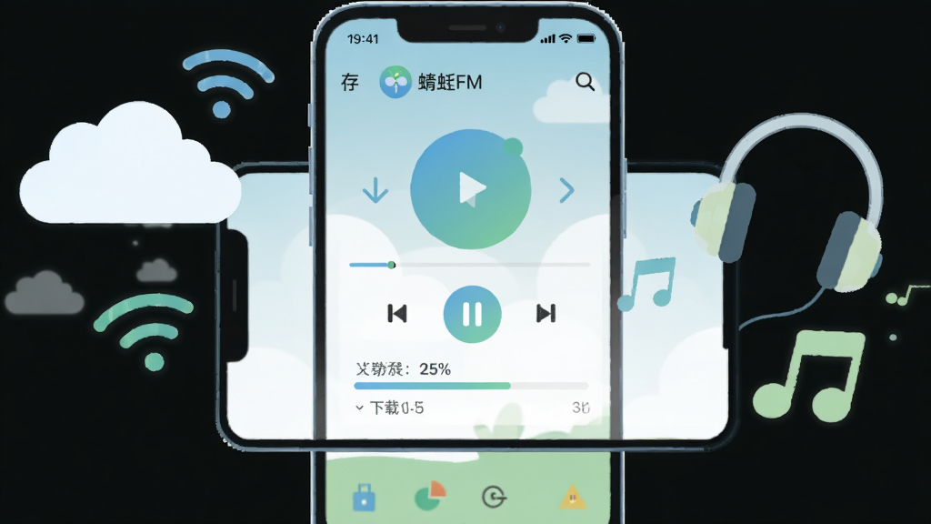 主体为一部手机横屏放置,屏幕显示蜻蜓FM播放界面与下载进度条;布局为手机居中,左侧漂浮云朵与WiFi信号图标,右侧漂浮耳机与音符;排版左右呼应,视觉平衡;风格为清新扁平插画,色调以浅蓝、白色与淡绿为主;细节包含缓存箭头、播放暂停按钮、进度百分比数字、蜻蜓FM软件名称;画质高清,画面干净,无多余元素