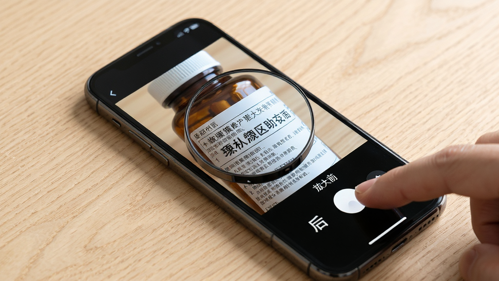 画面主体为一部手机正在使用老年放大镜助手进行实时放大,手机屏幕中显示被放大的药瓶说明书文字,字体清晰可辨;布局为手机斜置于桌面,镜头对准药瓶,屏幕画面与实物形成呼应;排版上突出放大前后的文字对比效果;风格为简洁产品演示风,背景为浅色木纹桌面;细节包括药瓶标签的细小文字、屏幕中的放大文字、手指轻触调节倍率的动作;画质清晰锐利,画面干净,无杂乱元素