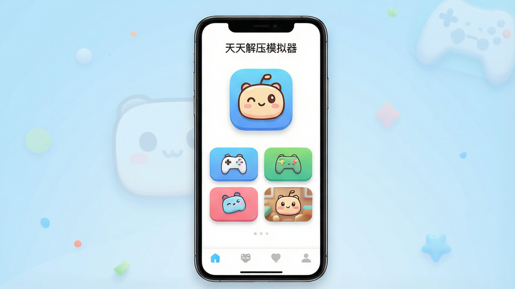 一张手机应用界面展示图,画面中央是“天天解压模拟器”的应用图标与名称,背景为浅蓝色渐变,主体为一台竖屏手机展示软件首页,布局简洁,上方为软件名称“天天解压模拟器”,中部为几个彩色解压玩法入口按钮,底部为导航栏,风格清新明快,细节包括圆角图标、柔和阴影、干净留白,画质清晰,干净,无多余元素