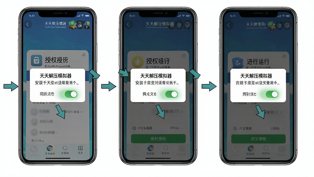 一张手机操作步骤示意图,画面为三部手机并排展示“天天解压模拟器”的安装、授权、运行三个步骤界面,主体为每部手机屏幕内的操作提示弹窗,布局为横向排列,风格教程图解,细节包括箭头指示、权限开关高亮、干净背景,画质清晰,干净,无多余元素