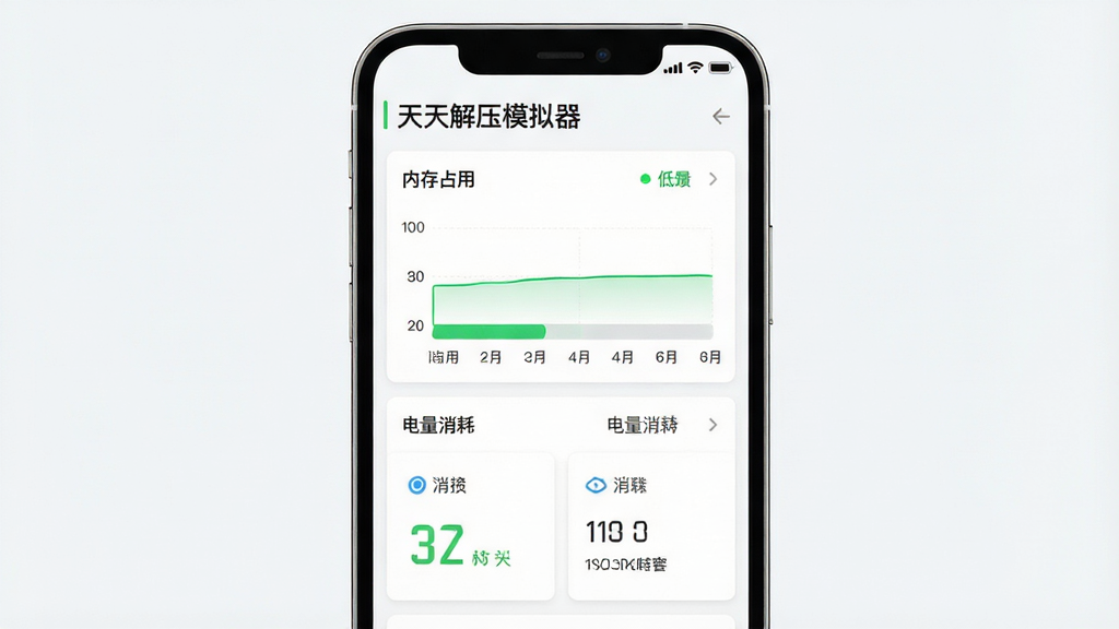 一张手机性能监控界面示意图,画面中央为一部手机屏幕显示“天天解压模拟器”运行状态面板,主体为内存占用与电量消耗的简洁图表,布局为上下结构,风格科技简约,细节包括绿色低占用指示条、清爽的数据卡片、干净背景,画质清晰,干净,无多余元素