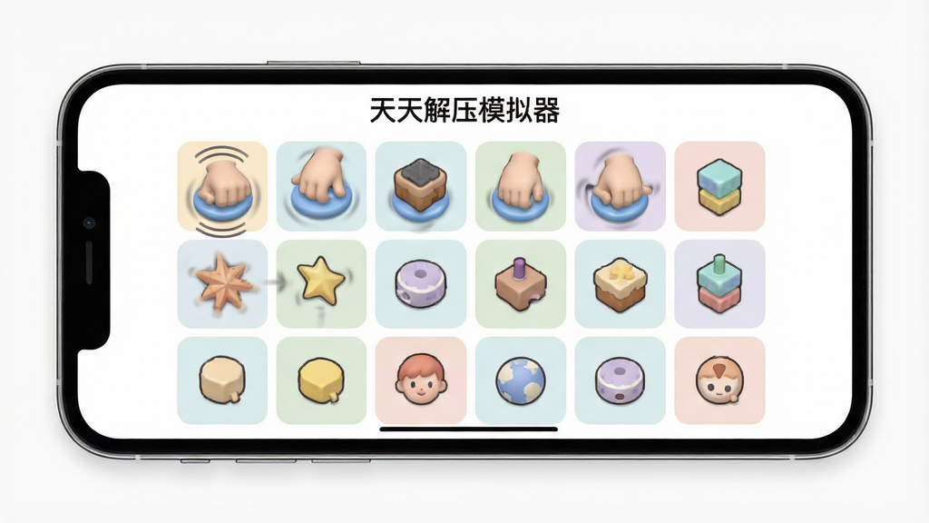 一张手机应用场景展示图,画面中一部手机横向放置,屏幕内展示“天天解压模拟器”的模拟场景界面,主体为多个可互动的虚拟物件排列在网格布局中,风格卡通简约,细节包括物件被按压后的形变动画、柔和配色、界面边缘留白,画质清晰,干净,无多余元素