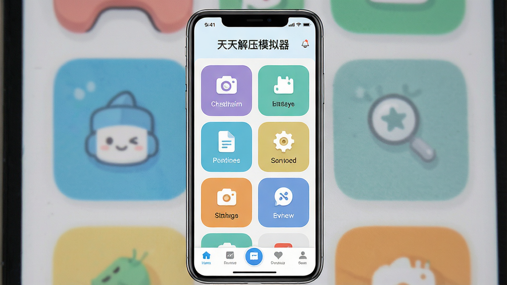 一张手机应用主界面展示图,画面为竖屏手机展示“天天解压模拟器”首页,主体为顶部软件名称与中部功能卡片网格,布局规整,风格扁平清新,细节包括圆角卡片、统一图标风格、底部导航栏高亮状态,画质清晰,干净,无多余元素