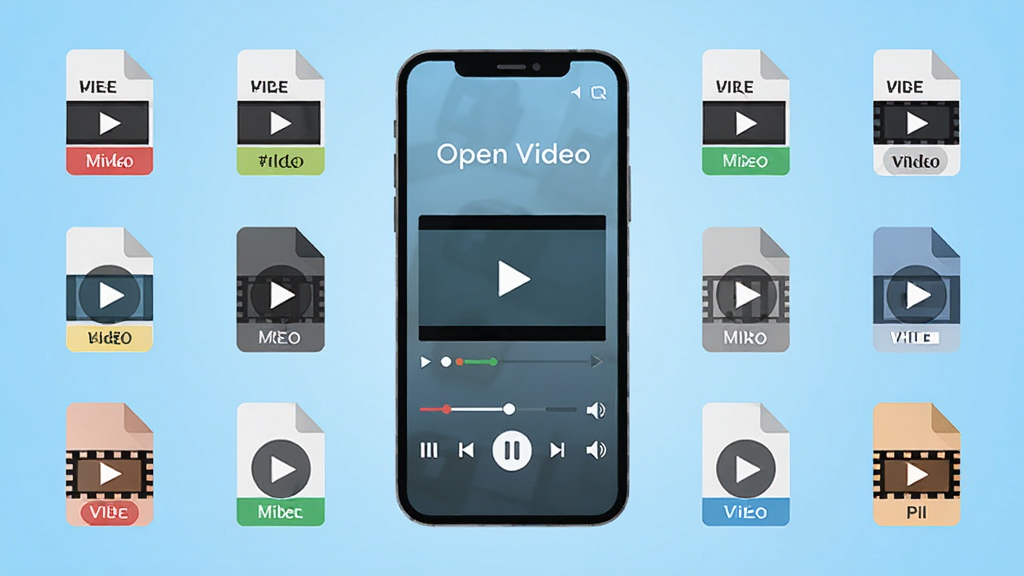 画面中央放置一部智能手机,手机屏幕上显示“Open Video”播放器界面,界面中有视频播放窗口和播放控制条,手机周围环绕多个不同格式的视频文件图标与播放按钮,背景为浅蓝色渐变,整体布局居中对称,风格清爽现代扁平化,细节包含文件格式标签、进度条、音量图标,画质清晰干净,无多余元素