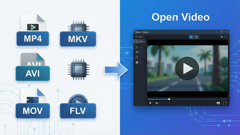 一张展示多种视频文件格式图标的海报,画面左侧排列“MP4”“MKV”“AVI”“MOV”“FLV”等标签卡片,右侧是“Open Video”软件界面正在播放视频,中间用箭头连接表示格式被直接识别,布局左右分区清晰,风格简约科技感,细节包含文件图标、播放三角符号、解码芯片图形,画质干净清晰,无多余元素