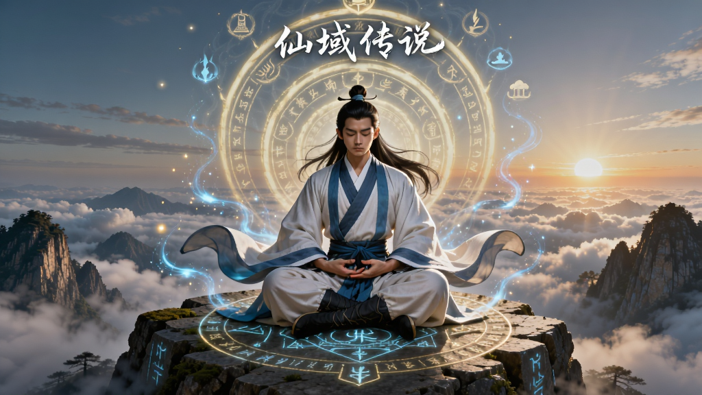 主体为一位身着青白道袍的修仙者盘坐于山巅打坐,布局上人物居中偏下、身后浮现层层上升的境界光环,排版为竖版插画,风格为国风玄幻,细节包含环绕周身的灵气光点、脚下石刻法阵、远处日出云海,画质精致干净、无多余元素,画面中书写文字“仙域传说”