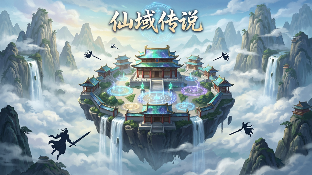 主体为一座悬浮云端的东方仙侠城池,布局上城池居中、四周环绕层叠仙山与飞瀑,排版采用竖版手机游戏海报构图,风格为国风玄幻数字插画,细节包含琉璃瓦宫殿、发光法阵、御剑飞行的修士剪影与飘渺云海,画质高清细腻、色彩通透干净、无多余元素,画面中书写文字“仙域传说”