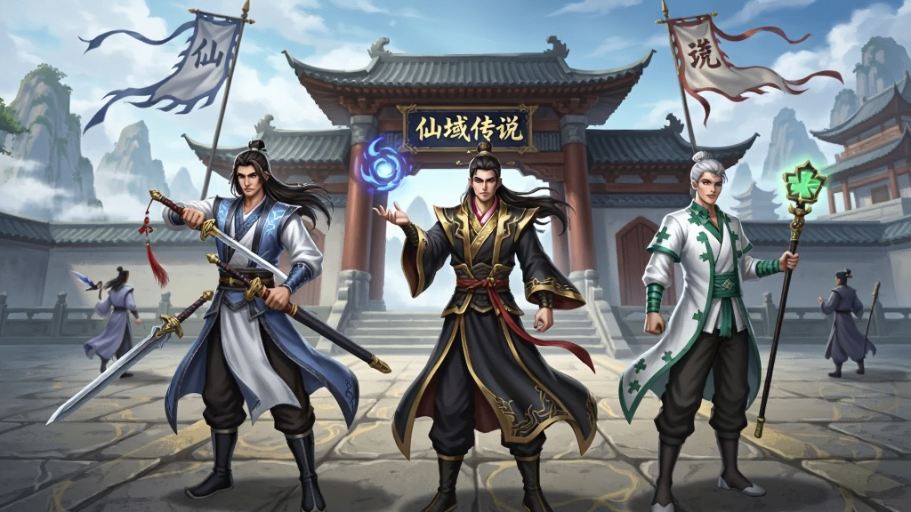 主体为三位不同职业的修仙者并肩站立于门派广场,布局上前景人物、背景为恢弘山门与飘扬旗帜,排版为横版宣传图,风格为国风玄幻游戏原画,细节包含剑修、法修、医修各持武器、地面石板纹理、远处云海与飞檐建筑,画质清晰干净、无多余元素,画面中书写文字“仙域传说”