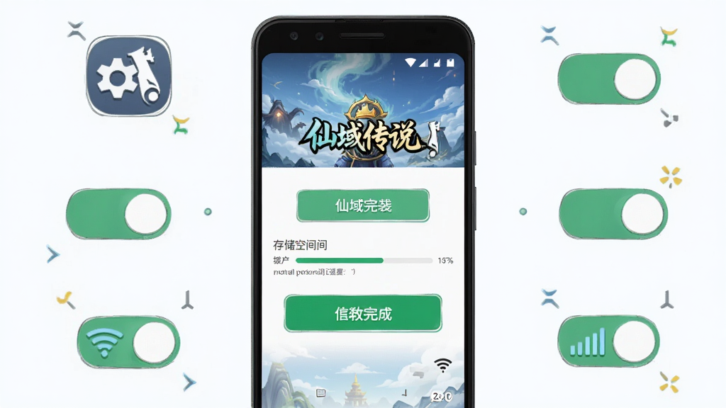 主体为一部安卓手机屏幕显示仙域传说游戏安装完成界面,布局上手机居中、周围环绕设置图标与权限开关示意,排版为竖版教程配图,风格为简洁科技插画,细节包含绿色安装完成按钮、存储空间进度条、网络信号图标,画质清晰干净、无多余元素,画面中书写文字“仙域传说”