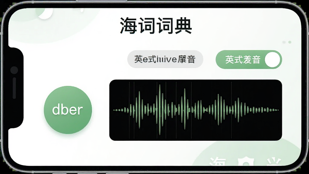 海词词典发音功能界面示意图,手机屏幕展示单词发音按钮与音波波形图,旁边有英式美式发音切换标签,背景为白色与淡绿色搭配,风格清新教育类应用,画面中文字标注海词词典,画质细腻无杂乱元素