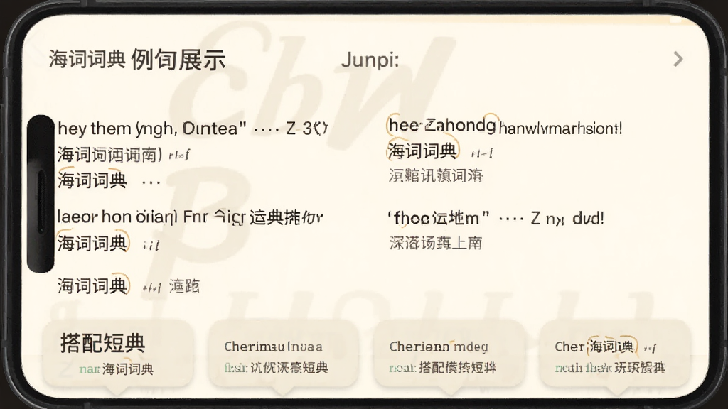 海词词典例句展示页面,手机屏幕中单词下方排列多条例句,例句有英文原句与中文翻译对照,页面底部有搭配短语卡片,背景为米白色,排版整齐,风格温和,文字清晰,画面中标注海词词典