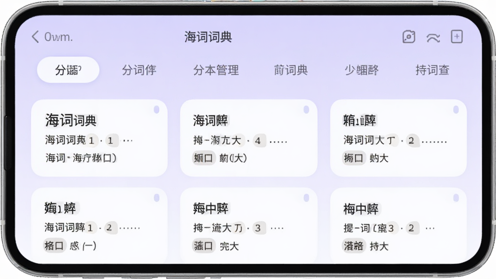 海词词典生词本管理界面,手机屏幕显示单词列表卡片式布局,每张卡片有单词与释义,顶部有分组标签栏,背景为淡紫色渐变,风格柔和圆润,画面干净,文字标注海词词典
