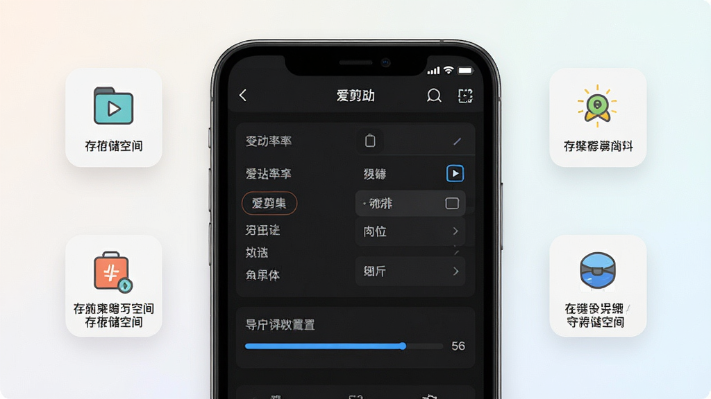 一张展示爱剪辑导出设置界面的效果图,画面主体为手机屏幕显示分辨率选择列表与导出进度条,屏幕周围有存储空间提示图标,布局清晰直观,风格现代简约,细节干净,画质高清,背景为浅色渐变,无多余装饰