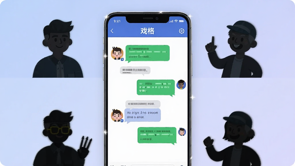 画面中央是一部竖屏安卓手机,手机屏幕上显示“戏格”APP的聊天对话界面,界面中有卡通风格的角色头像与对话气泡,手机周围环绕着几个不同性格的角色剪影,背景为柔和的蓝紫色渐变,整体布局简洁居中,风格为扁平化插画,细节上手机边框有轻微高光,画质清晰干净,无多余元素