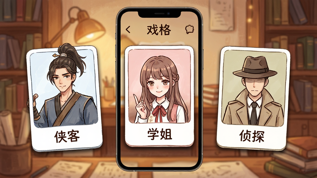 画面展示“戏格”多角色剧情选择界面,一部手机屏幕中排列着三个不同风格的角色卡片,卡片上分别标注“侠客”“学姐”“侦探”字样,背景为暖色调的书房场景,布局为手机居中、卡片环绕,风格为清新手绘插画,细节上卡片边缘有柔和阴影,画质清晰干净