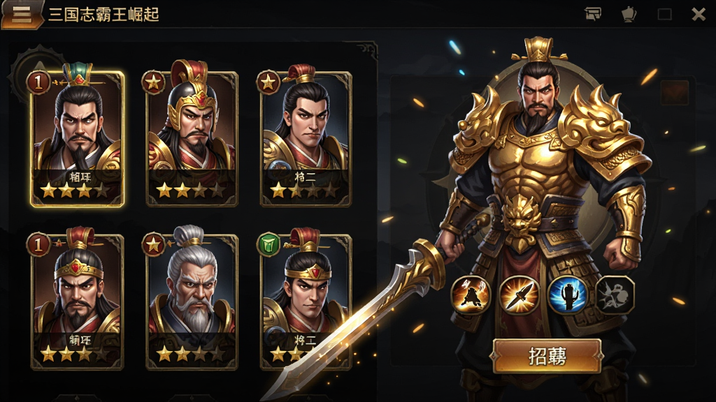 画面主体为三国志霸王崛起游戏内的武将招募界面,左侧排列多位三国名将卡牌,右侧展示一位金色品质武将的立体形象与技能说明,布局清晰对称,风格为暗色系策略手游UI,细节包含星级标识、招募按钮与光效粒子,画质高清、干净、无多余元素