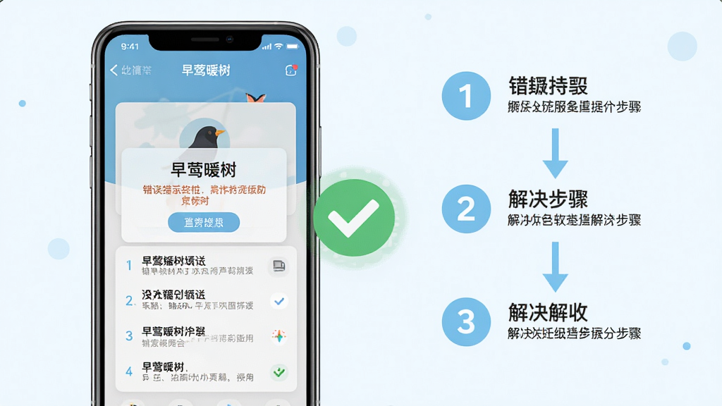 画面主体为一部手机屏幕显示“早莺暖树”软件的错误提示弹窗与解决步骤列表,旁边放置一个对勾图标表示问题已解决。布局为手机居中偏左,右侧为三步解决流程图,用箭头连接。风格为扁平化信息图风格,色调以浅蓝和白色为主。细节上弹窗文字清晰可辨,流程步骤用数字标注。画质清晰,干净,无多余元素。