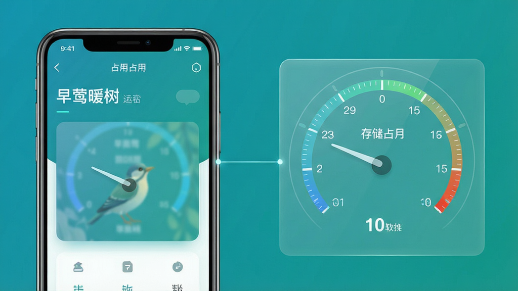 画面主体为一部手机与一个半透明的资源占用仪表盘并排展示,手机屏幕显示“早莺暖树”软件运行界面,仪表盘上显示内存占用和存储占用的刻度指针处于较低位置。布局为左侧手机、右侧仪表盘,二者之间用一条细线连接。风格为科技感信息图风格,色调以蓝绿色为主,背景干净纯色。细节上仪表盘刻度清晰,数字标注可见。画质清晰,干净,无多余元素。