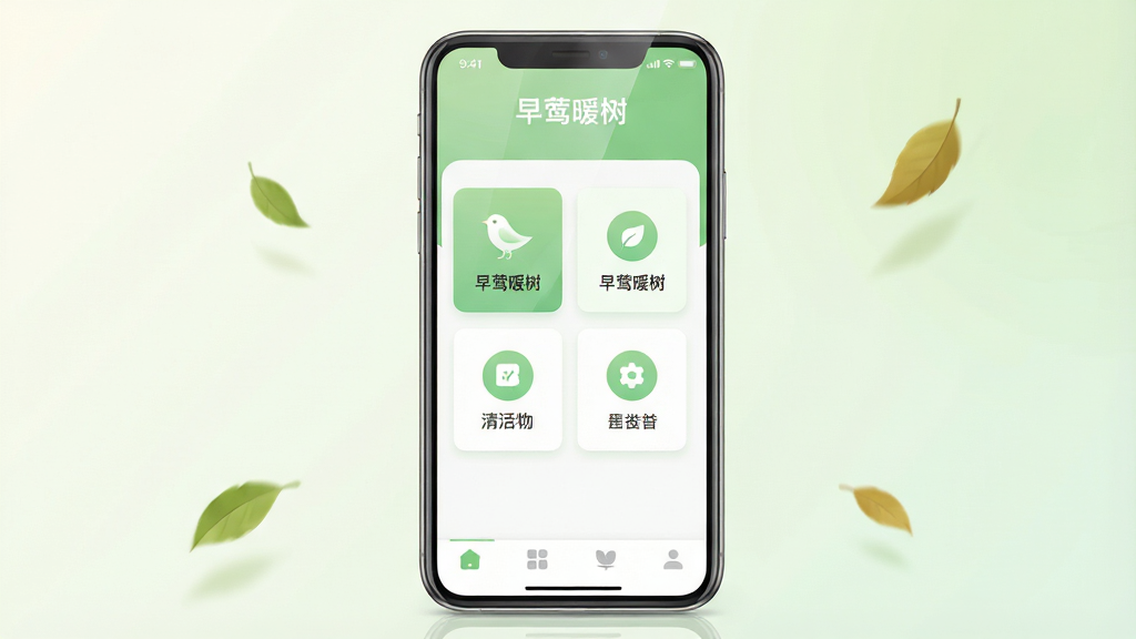 画面主体为一部竖屏智能手机,屏幕中显示“早莺暖树”软件的主界面,界面采用浅绿色与白色搭配的清爽风格,顶部有软件名称“早莺暖树”字样,中部排列四个功能图标卡片,底部为导航栏。布局为手机居中放置,背景为柔和的浅色渐变,周围点缀几片飘落的树叶元素。排版简洁,图标与文字对齐整齐。风格为现代扁平化UI展示风格,细节上屏幕有轻微反光,手机边框圆润。画质清晰,干净,无多余元素。