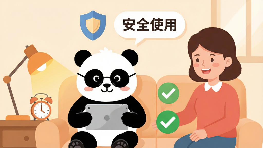 卡通风格安全使用提示插画,主体为一只戴眼镜的熊猫角色坐在沙发上使用平板电脑,旁边有家长角色微笑陪伴,布局为左右双人构图,排版上方悬浮盾牌图标与“安全使用”文字气泡,风格为温馨家庭教育场景的扁平插画,细节包含护眼台灯、定时闹钟、绿色对勾标识,画质柔和清晰,无杂乱背景元素