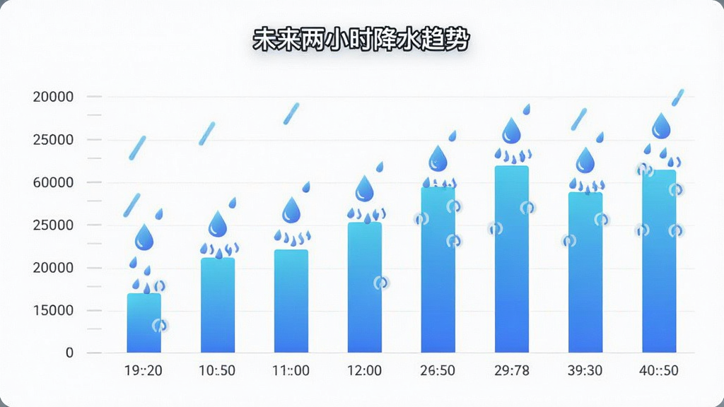 主体为AI准天气预报的降雨预测界面,布局左侧为时间轴刻度,右侧为降雨强度柱状图,顶部标注