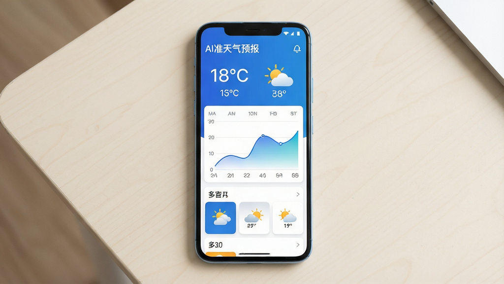 主体为一部安卓手机屏幕,屏幕上展示AI准天气预报应用主界面,布局上方为当前温度与天气图标,中部为未来几小时降雨趋势折线图,下方为多日天气卡片列表;排版为手机居中放置于浅色桌面背景上,四周留白干净;风格为现代简约科技风,配色以蓝白为主;细节包括界面文字