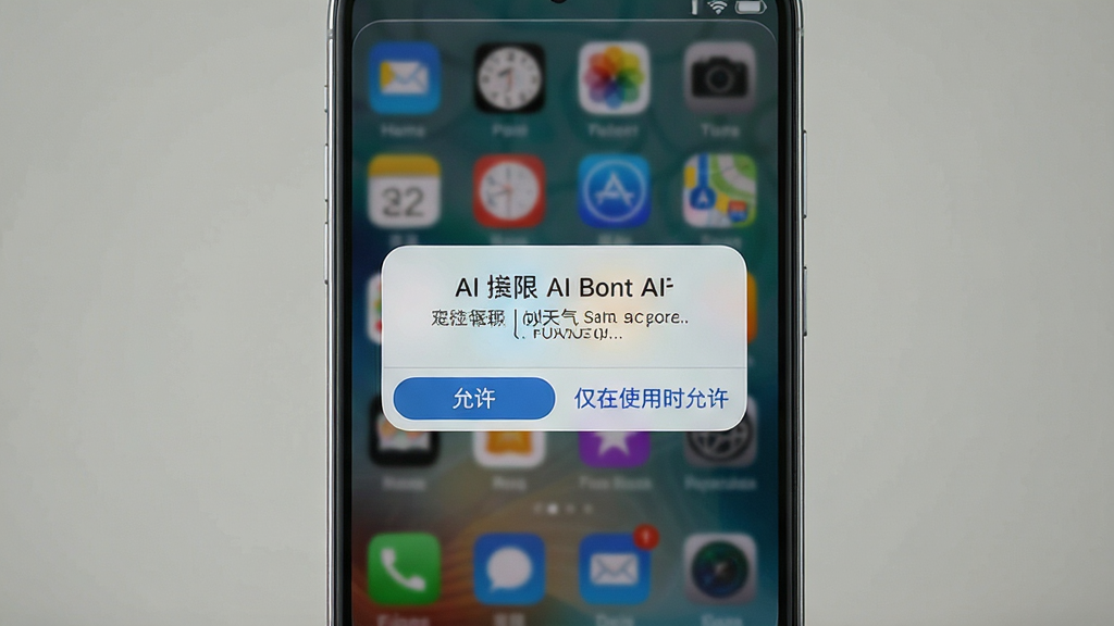 主体为一部手机屏幕展示AI准天气预报的定位权限授权弹窗,布局为弹窗居中、背景为应用主界面虚化;排版为竖屏手机视角;风格为真实系统界面截图风;细节包括