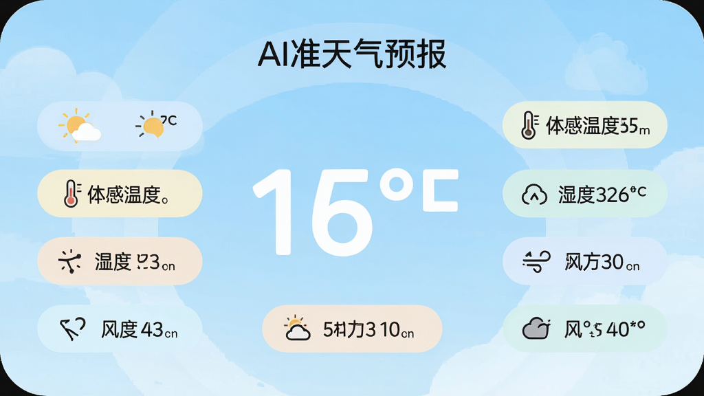 主体为AI准天气预报的实时天气主卡片,布局中央为大号温度数字,周围环绕天气图标、体感温度、湿度、风力等小标签;排版为居中对称的卡片式布局;风格为柔和圆角扁平化设计;细节包括