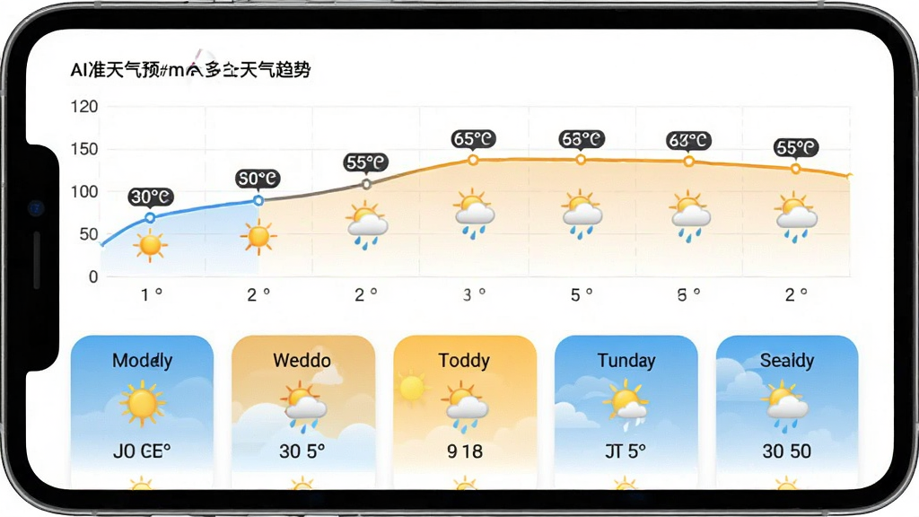 主体为AI准天气预报的多日天气趋势页面,布局上方为七天气温折线图,下方为每日天气卡片横向排列;排版为上下结构的信息面板;风格为简洁明快的移动端界面风;细节包括折线图上有温度数值标注、天气图标区分晴雨、卡片圆角设计;画质高清,画面干净,无多余元素