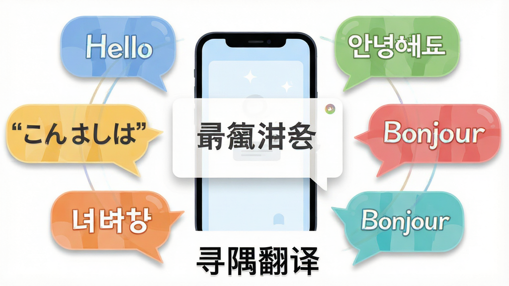 主体为多个语言气泡环绕手机悬浮窗,气泡内分别写有