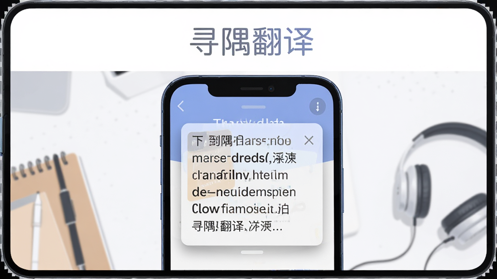 主体为一部竖屏安卓手机,屏幕中央悬浮一个半透明翻译小窗,窗内显示中英对照文字,手机背景为简洁的书桌场景,布局采用居中构图手机占屏幕三分之二,排版上软件名称