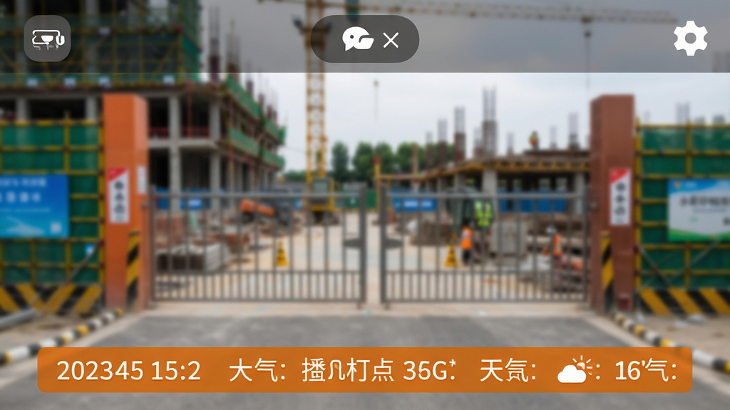 手机屏幕特写,取景框内是一处建筑工地大门,画面下方叠加显示橙色底白字的水印条,包含日期时间地点天气四项信息,屏幕上方有模板切换按钮和设置齿轮图标,整体风格为写实UI界面截图,布局为居中构图,细节包括水印文字边缘锐利、工地背景虚化适度,画质清晰干净,图片中文字为“水印相机打卡免费拍”