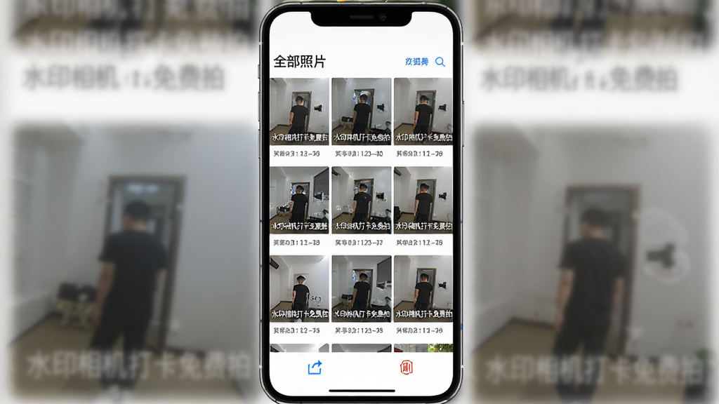 手机屏幕显示相册列表界面,网格状排列着九张带水印的打卡照片,每张照片下方显示拍摄日期,顶部有“全部照片”标题和筛选按钮,底部有分享和删除操作栏,整体风格为扁平化移动端UI设计,布局为竖向排列,细节包括照片缩略图清晰、水印文字可辨认、界面配色为白底蓝点缀,画质高清干净,图片中文字为“水印相机打卡免费拍”