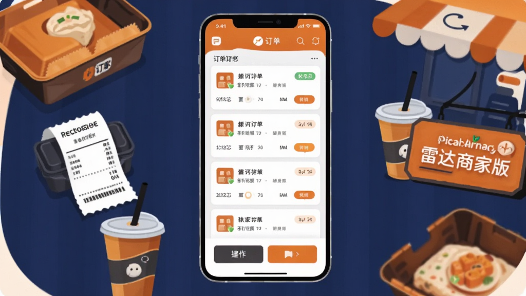 画面中央是一部竖屏智能手机,手机屏幕上显示外卖商家后台的订单列表界面,界面中有订单卡片、状态标签和操作按钮,手机周围环绕着餐盒、收银小票、饮品杯和店铺招牌等经营元素,整体采用扁平化插画风格,配色以橙色和深蓝色为主,布局简洁清晰,细节丰富,画质干净,无多余元素,适合软件下载站展示“雷达商家版”的移动端管理场景
